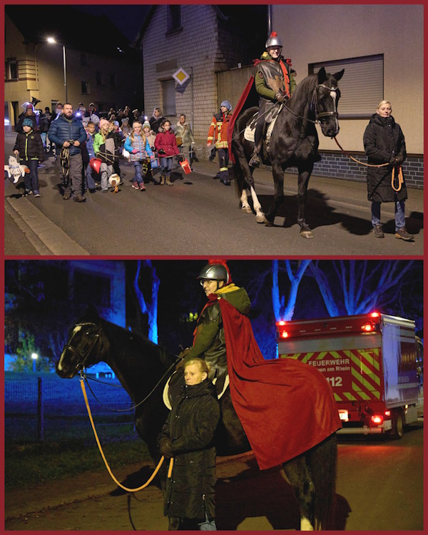 Bilder des Sankt Martins auf dem Pferd. Im Hintergrund sind die Kinder mit den Laternen zu sehen.