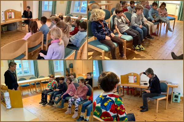 Collage aus Bilder von Klasse 1 und Klasse 2 beim Besuch der katholischen Bücherei, wo sie von Frau Fleck unterhaltsame Geschichten vorgelesen bekommen haben.