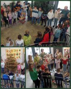 Collage aus Bildern der singenden Kinder vor dem Weihnachtsbaum.