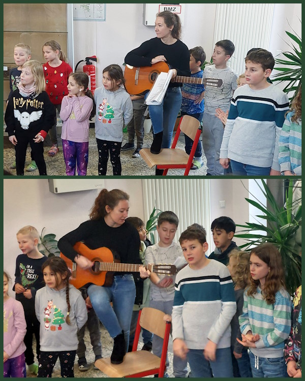 Bilder von Frau Koscheny mit der Gitarre umgeben von singenden Kindern.