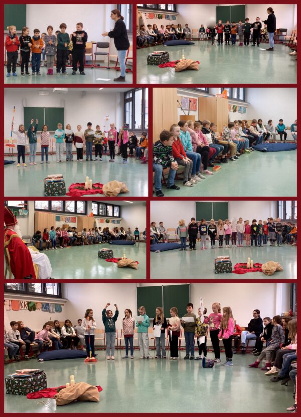 Collage aus Bildern der Nikolausfeier. Es sind die Kinder bei den Nikolausbeiträgen zu sehen